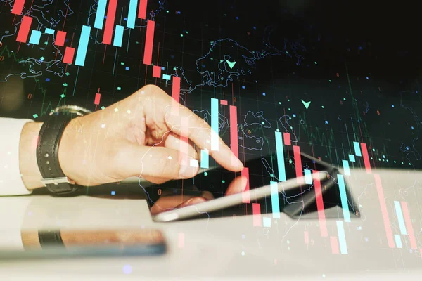 Creative concept of crisis chart illustration with finger clicks on a digital tablet on background. Global crisis and bankruptcy concept. Multiexposure — Stock Photo, Image