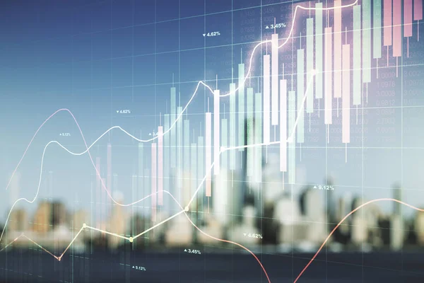 Multi esposizione dell'ologramma virtuale astratto del grafico finanziario sullo sfondo sfocato dello skyline, sul forex e sul concetto di investimento — Foto Stock