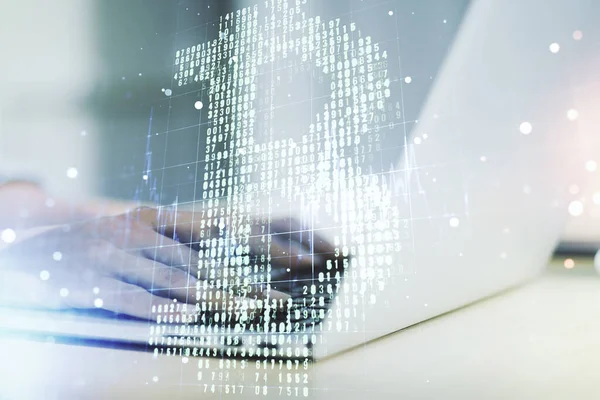 Double exposure of creative Bitcoin symbol with hands typing on laptop on background. Cryptocurrency concept — Stock Photo, Image