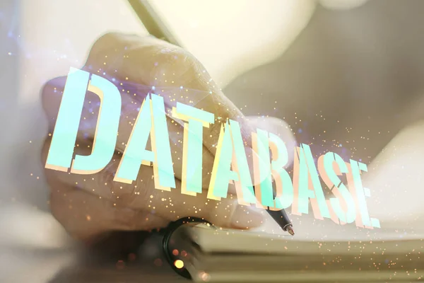 Double exposure of Database word sign with woman hand writing in diář on background, global research and analytics concept — Stock fotografie