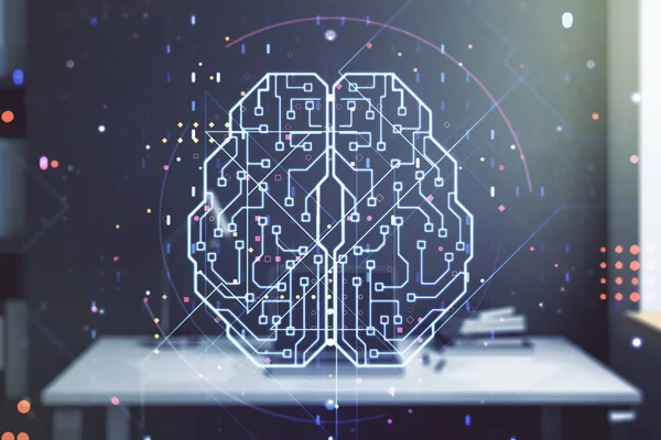 Conceito de inteligência artificial criativa com holograma do cérebro humano e desktop moderno com computador em segundo plano. Multiexposição — Fotografia de Stock