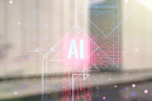 Creative artificial Intelligence symbol hologram on blurry contemporary office building background. Double exposure — Stock Photo, Image