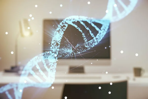 Doppia esposizione dell'ologramma creativo del DNA sullo sfondo del computer portatile. Bioingegneria e DNA Concetto di ricerca — Foto Stock