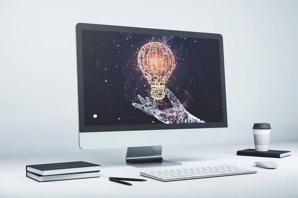 Creatief gloeilamphologram op moderne laptop monitor, ideeënconcept. 3D-weergave — Stockfoto