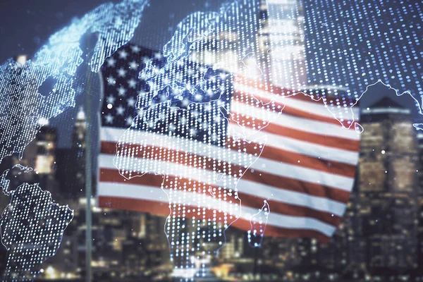 Multi exposição de mapa mundo gráfico abstrato em bandeira dos EUA e horizonte de fundo, big data e conceito de rede — Fotografia de Stock