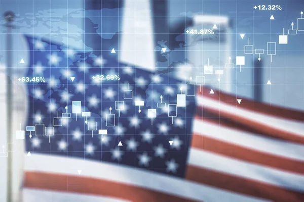 Multi exposure of virtual abstract financial chart hologram and world map on USA flag and blurry skyscrapers background, research and analytics concept — Stock Photo, Image