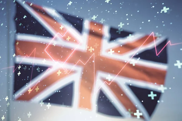 Concetto virtuale astratto di illustrazione del polso cardiaco sulla bandiera della Gran Bretagna e sullo sfondo del cielo al tramonto. Medicina e concetto di assistenza sanitaria. Multiesposizione — Foto Stock