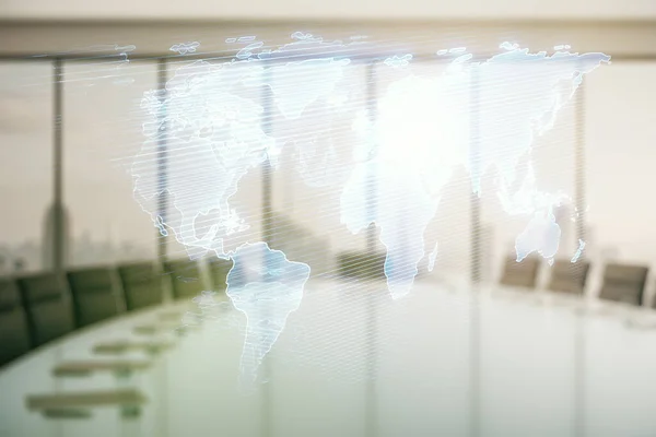 Abstrakte, kreative Schnittstelle zur Weltkarte auf einem modernen Konferenzraum-Hintergrund, internationales Handelskonzept. Mehrfachexposition — Stockfoto
