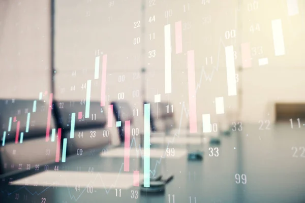 Ologramma astratto grafico finanziario virtuale su un moderno sfondo sala conferenze, forex e concetto di investimento. Multiesposizione — Foto Stock