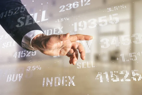 Double exposure of man hand working with virtual creative financial diagram on blurred office background, banking and accounting concept — Stock Photo, Image