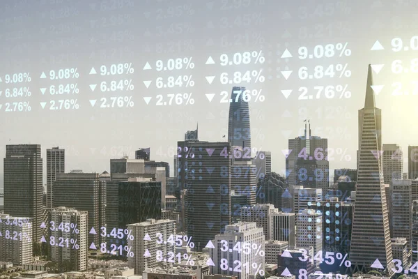 Dubbel exponering av abstrakt kreativ statistik hologram på San Francisco kontorsbyggnader bakgrund, analys och prognostisering koncept — Stockfoto