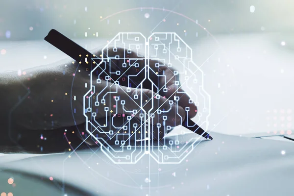 Double exposure of creative artificial Intelligence symbol with man hand writing in notebook on background. Neural networks and machine learning concept — Stock Photo, Image