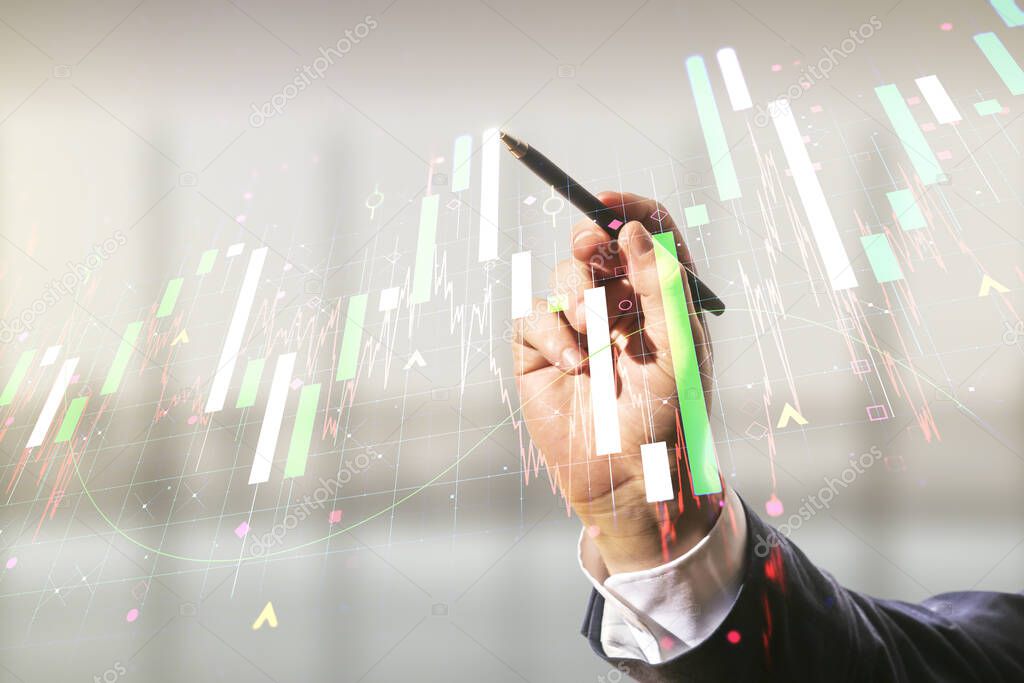 Man hand with pen working with abstract virtual financial graph on blurred office background, forex and investment concept. Multiexposure