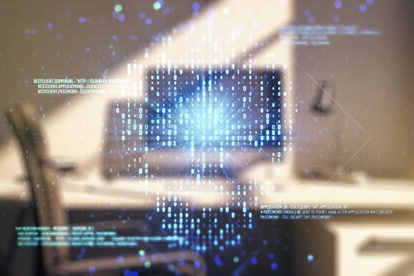 Creatief concept van code schedel illustratie en moderne desktop met computer op de achtergrond. Hacken en phishing concept. Meervoudige blootstelling — Stockfoto