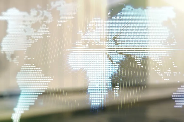 Абстрактная цифровая карта мира на размытом фоне современного офисного здания, концепция глобализации. Мультиэкспозиция — стоковое фото