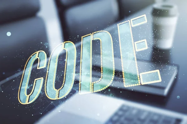 Creatieve code woordteken op moderne computer achtergrond, internationale software development concept. Meervoudige blootstelling — Stockfoto