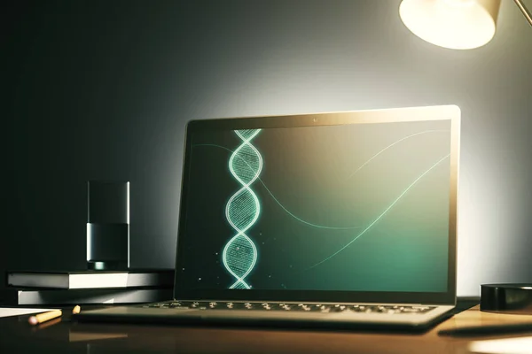 Monitor de computador moderno com holograma de DNA criativo. Bioengenharia e conceito de pesquisa de DNA. Renderização 3D — Fotografia de Stock