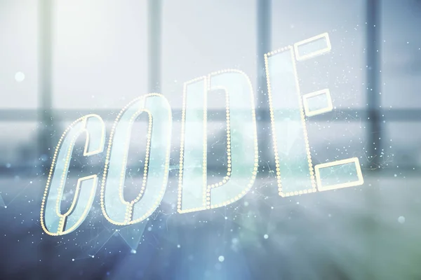 Code woord hologram op moderne interieur achtergrond, internationale software ontwikkeling concept. Meervoudige blootstelling — Stockfoto