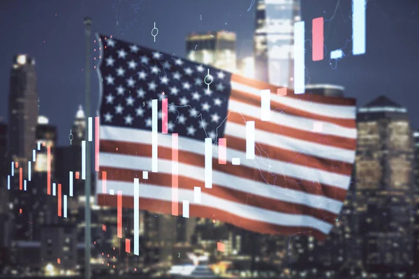 Multi exposure of virtual abstract financial diagram on US flag and city background, banking and accounting concept — Stock Photo, Image