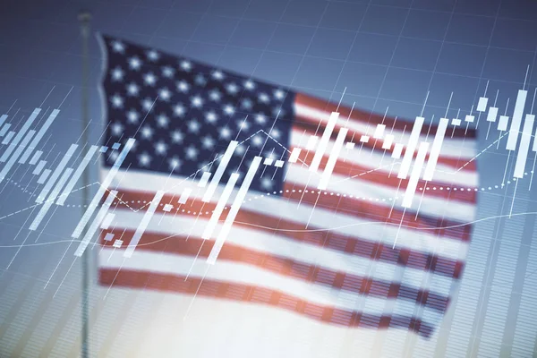 Doppia esposizione del grafico finanziario creativo virtuale su bandiera statunitense e sfondo cielo blu, concetto bancario e contabile — Foto Stock