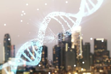 Bulanık ofis binalarında DNA hologramı arka plan, biyoteknoloji ve genetik konsept. Çoklu pozlama