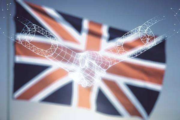 Astratto ologramma di tecnologia blockchain virtuale con stretta di mano su bandiera britannica e sfondo cielo tramonto. Trasferimenti di denaro digitale e concetto di decentramento. Multiesposizione — Foto Stock
