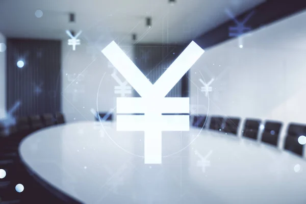 Iene virtual abstrato ilustração símbolo Yen em um fundo sala de conferências moderna. Conceito de negociação e moeda. Multiexposição — Fotografia de Stock