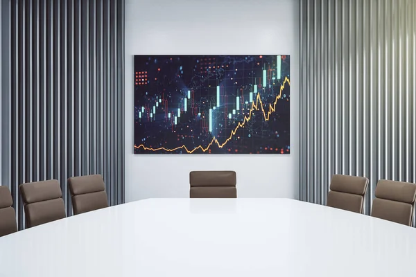 Abstract creative financial chart on presentation tv screen in a modern meeting room, research and strategy concept. 3D Rendering — Stock Photo, Image