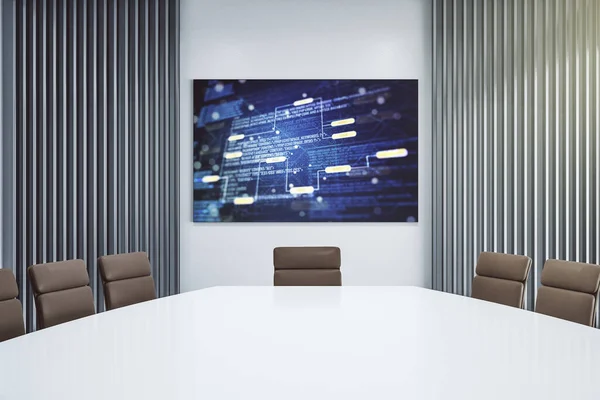 Abstract software development hologram on presentation tv screen in a modern meeting room, research and analytics concept. 3D Rendering — Stock Photo, Image