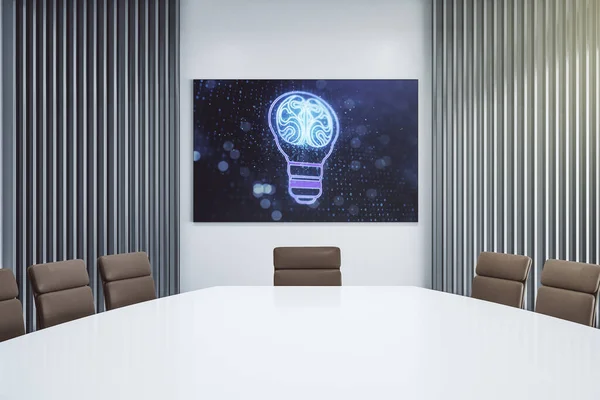 Modern bir konferans odasında sunum ekranında insan beyni illüstrasyonu ve ampul ile yaratıcı fikir kavramı. Sinirsel ağlar ve makine öğrenme konsepti. 3B Hazırlama — Stok fotoğraf