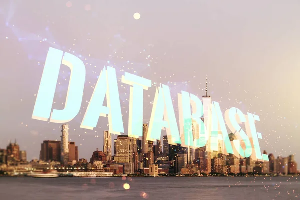 Doppelbelichtung des Datenbank-Wortschildes auf dem Hintergrund der Skyline von New York, globales Forschungs- und Analysekonzept — Stockfoto