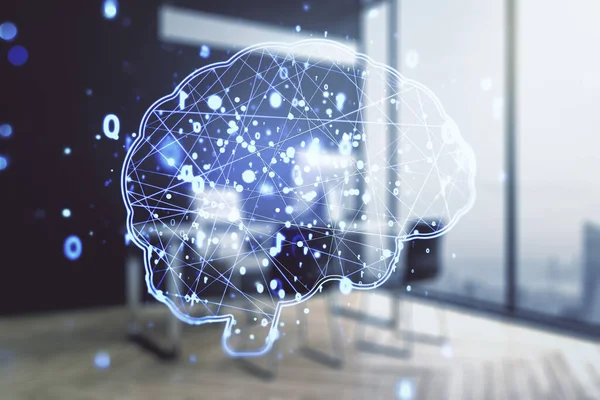 Kreativ artificiell intelligens koncept med mänsklig hjärna skiss och modernt skrivbord med dator på bakgrunden. Dubbel exponering — Stockfoto