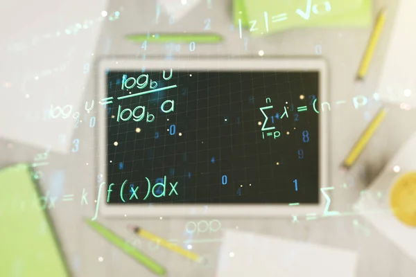 Fórmula científica creativa holograma y tableta digital moderna en el fondo, concepto de investigación. Multiexposición — Foto de Stock