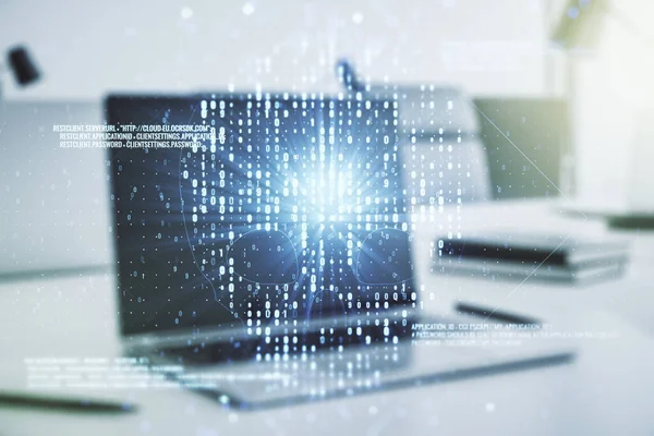 Creative code skull hologram on modern computer background, cybercrime and hacking concept. Multiexposure — Stock Photo, Image