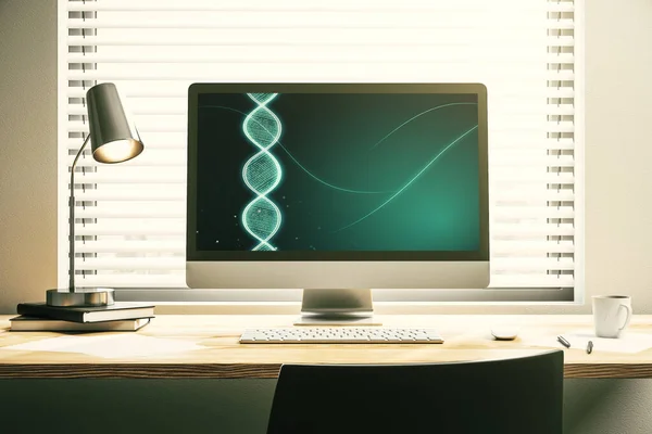 Conceito criativo com ilustração de símbolo de DNA na tela do laptop moderno. Conceito de pesquisa de genoma. Renderização 3D — Fotografia de Stock