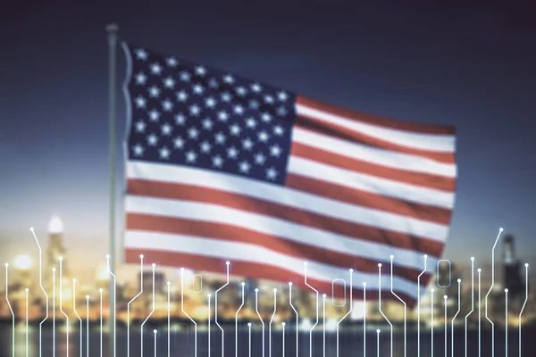 Absztrakt virtuális mikroáramköri vázlat amerikai zászló és skyline háttér, jövőbeli technológia és AI koncepció. Kétszeres expozíció — Stock Fotó