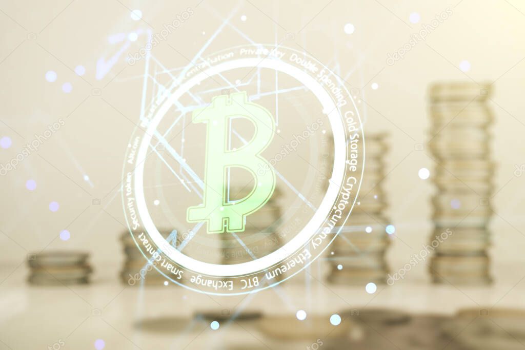 Virtual Bitcoin hologram on stacks of coins background. Multiexposure