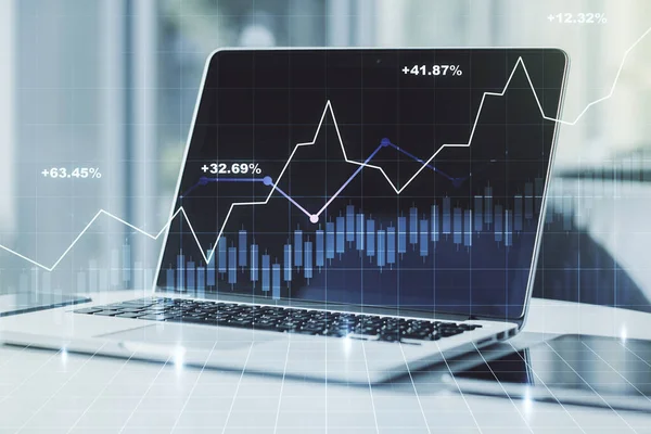 Doble exposición de la carta financiera creativa abstracta en el fondo moderno portátil, la investigación y el concepto de estrategia —  Fotos de Stock