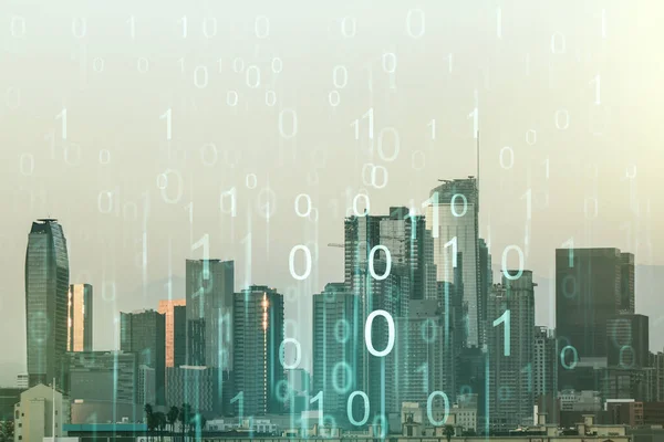 Abstract virtual binary code hologram on Los Angeles cityscape background, AI and machine learning concept. Multiexposure