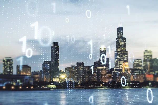 Double exposure of abstract virtual binary code hologram on Chicago city skyscrapers background. Database and programming concept