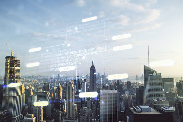 Multi exposure of abstract software development hologram on New York city skyscrapers background, research and analytics concept