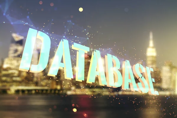 Double exposure of Database word sign on bluurry skyline background, global research and analytics concept — Stock fotografie