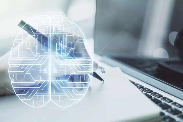 Kreativ artificiell intelligens koncept med mänskliga hjärnan hologram och handskrift i anteckningsbok på bakgrund med bärbar dator. Multiexponering — Stockfoto