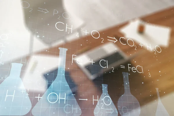 Ilustración química creativa y escritorio moderno con PC en el fondo, ciencia y concepto de investigación. Multiexposición — Foto de Stock