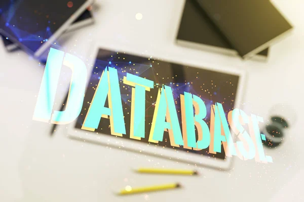 Dubbel exponering av Databas ordtecken och modern digital tablett på bakgrund, ovanifrån, global forskning och analytics koncept — Stockfoto