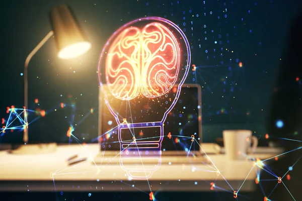 Ilustração criativa da lâmpada com o cérebro humano no fundo moderno do computador, conceito futuro da tecnologia. Multiexposição — Fotografia de Stock