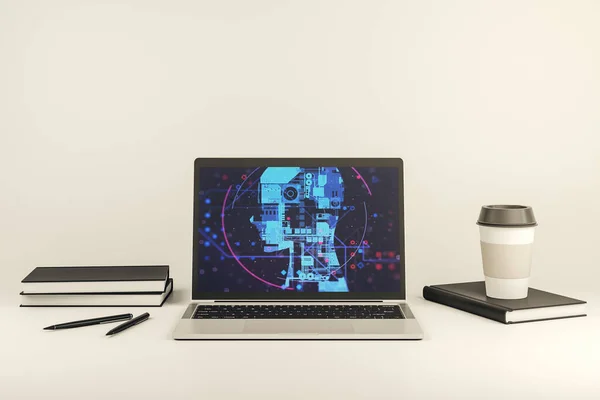 Modern computerscherm met creatief menselijk hoofd microcircuit. Toekomstige technologie en AI concept. 3D-weergave — Stockfoto