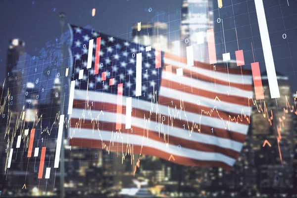 Exposition multiple de l'hologramme de tableau financier abstrait virtuel et de la carte du monde sur le drapeau des États-Unis et les gratte-ciel flous arrière-plan, concept de recherche et d'analyse — Photo