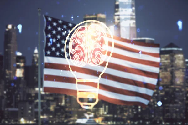Dvojitá expozice abstraktního virtuálního kreativního žárovkového hologramu s lidským mozkem na vlajce USA a rozmazané pozadí města, nápad a koncepce brainstorming — Stock fotografie