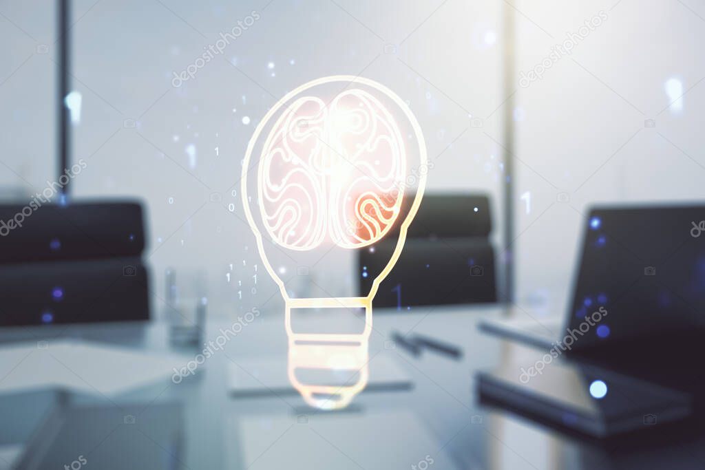 Creative idea concept with light bulb and human brain illustration and modern desktop with computer on background. Neural networks and machine learning concept. Multiexposure